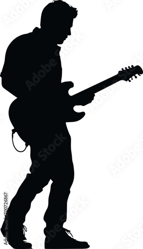 Silhouettes of musicians with guitar. Vector illustration. AI generated illustration.