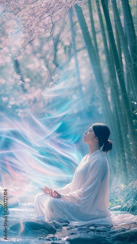 A tranquil meditation in a mystical bamboo forest with swirling energy streams and cherry blossoms, embodying harmony and spiritual flow photo
