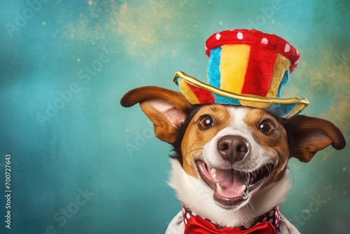 April Fools Day, funny dog in a clown hat, circus performer, trained animal, big smile and laughter photo