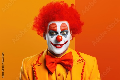 funny man clown, April Fool, circus performer, pantomime artist, red curly wig, wide smile and laughter