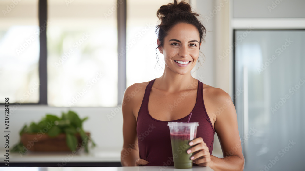 Smiling woman in a light, airy kitchen holding a smoothie. Smiling woman in a light, airy kitchen holding a smoothie.