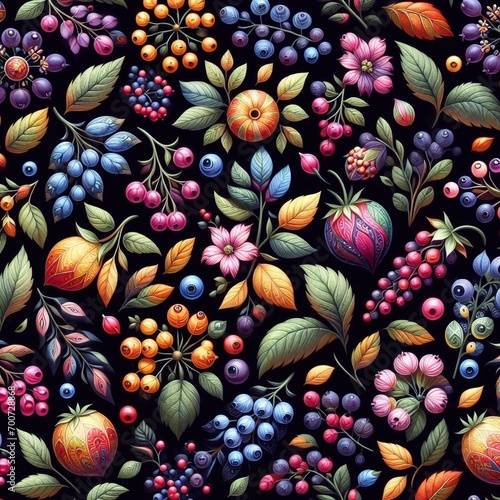 Mix of many berries. Pattern. AI generated illustration © vector_master