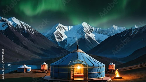yurt in winter mountain photo