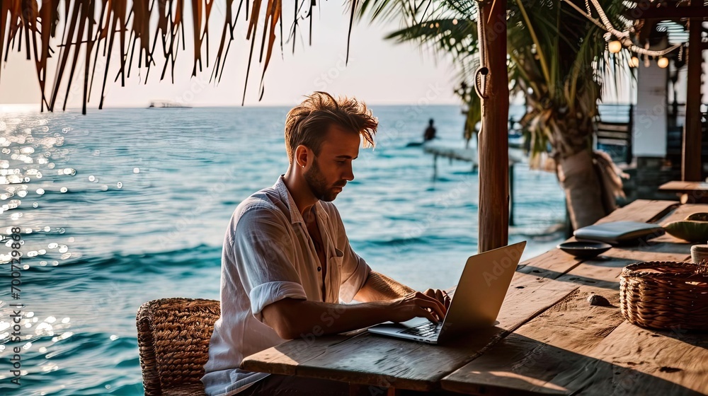 Man on seashore working remotely on computer