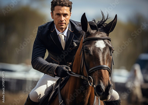 Handsome man riding horse on equestrian training on large arena.Macro.AI Generative.