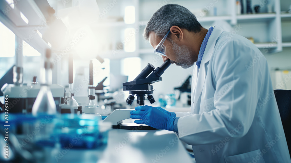 Scientist using a microscope in a laboratory setting Scientist using a microscope in a laboratory setting