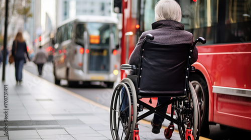 Photographie Elderly person from behind, seated in a wheelchair at a public transport stop