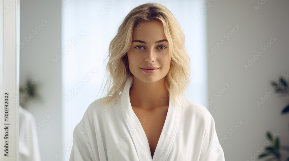 Serene Elegance: Blonde Lady in Silky White Robe Serene Elegance: Blonde Lady in Silky White Robe