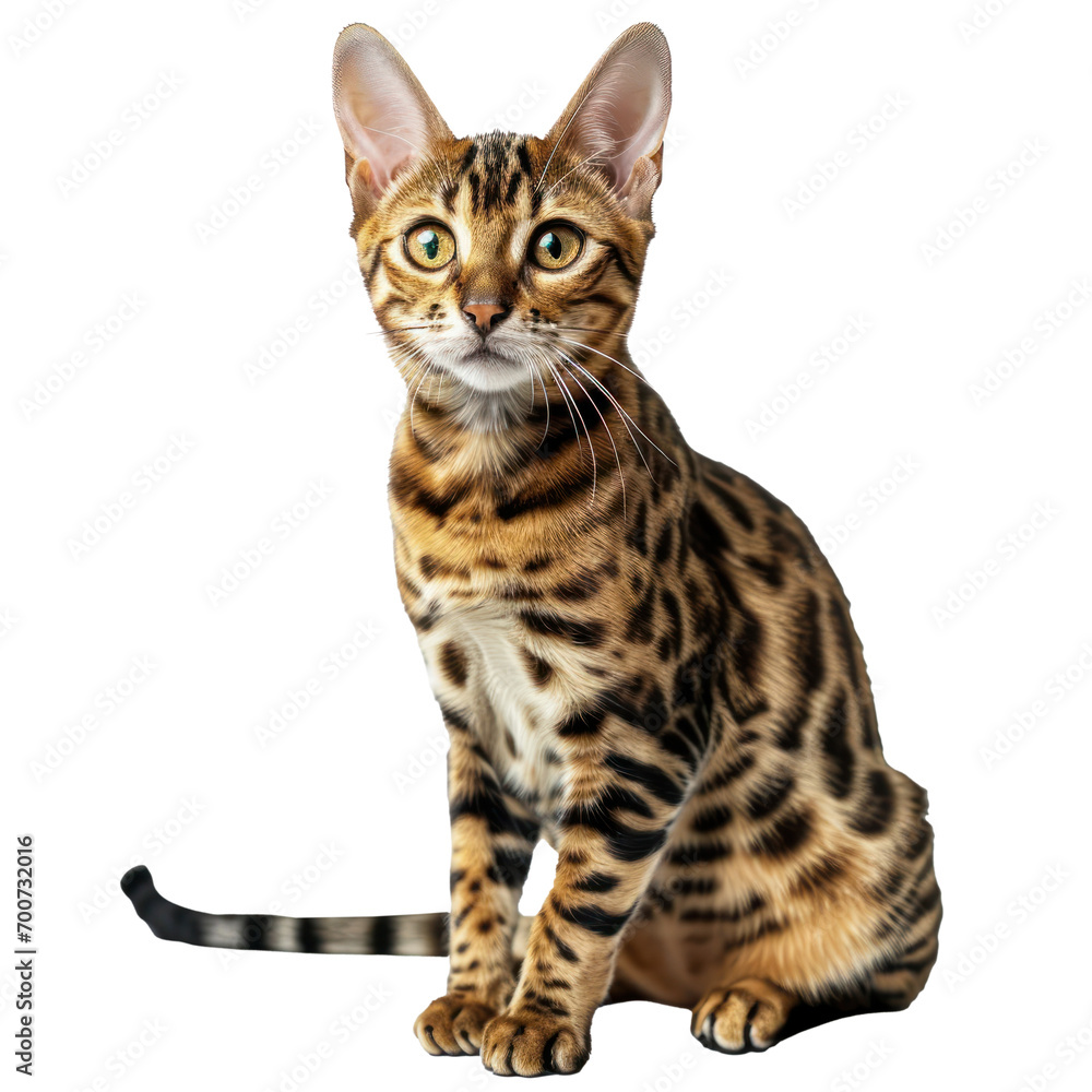 A cute sitting bengal cat, transparent or isolated on white background