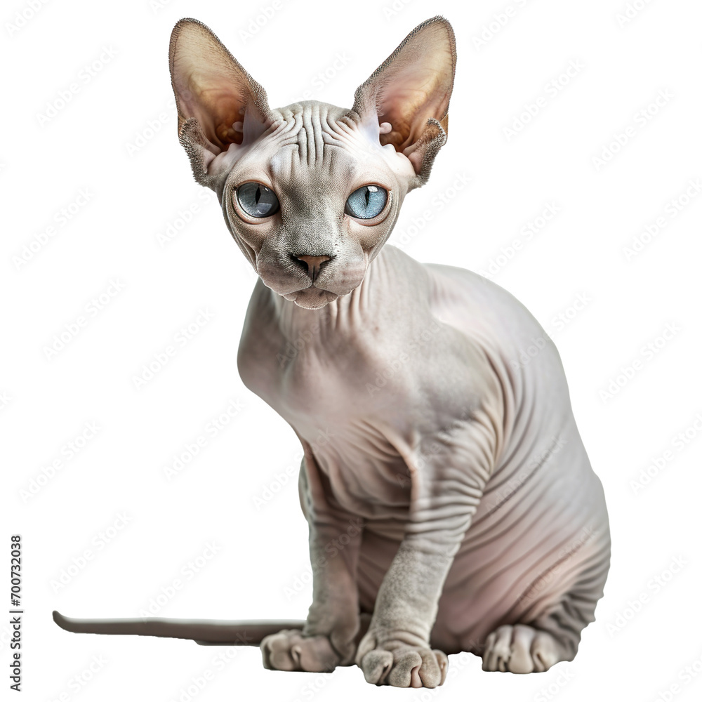 A cute sitting bald sphynx cat, hairless, transparent or isolated on white background