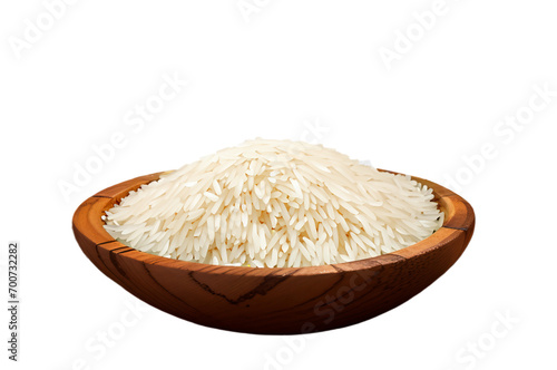 Tigela de madeira com grãos de arroz branco. Isolado em fundo transparente, sem fundo, png. photo