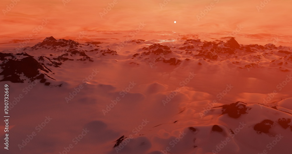 Mountains in winter sunset. Cloudy red sky. 3D rendering.