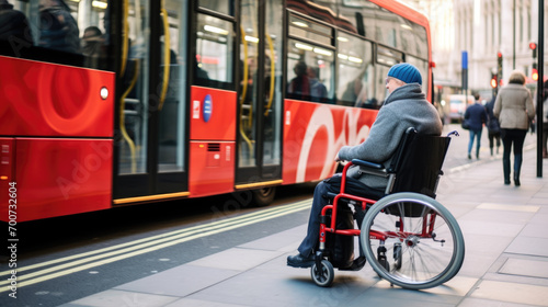 Elderly person from behind, seated in a wheelchair at a public transport stop