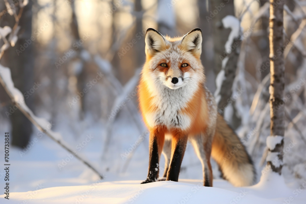 Red fox in the snow, close up. winter season. red fox standing in snow looking cute. AI Generative 