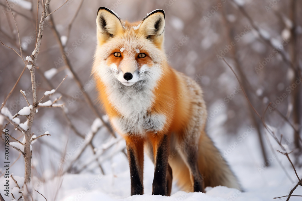 Red fox in the winter forest. Beautiful wild animal in winter forest. Red fox standing on snow. AI Generative 