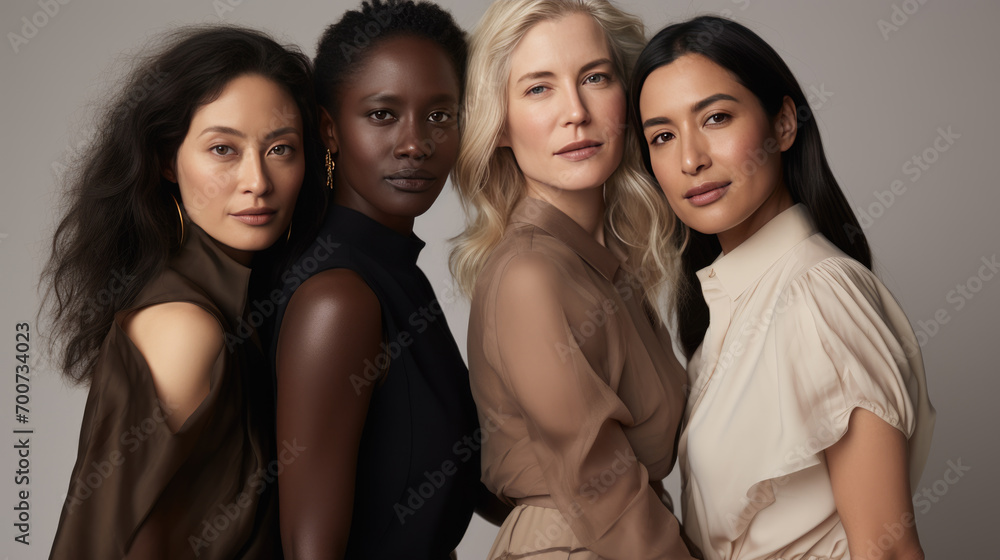 Group portrait of women of different ages and ethnic backgrounds, smiling and embracing each other, symbolizing diversity and unity. Group portrait of women of different ages and ethnic backgrounds, smiling and embracing each other, symbolizing diversity and unity.