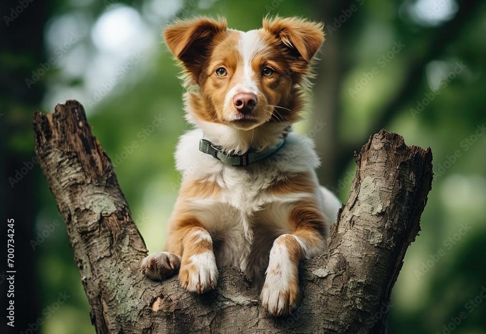 Border collie on a tree with front legs