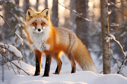 Fox front view in cold winter landscape licking her nose and slowly walking, Vulpes  A watercoolers bright serene image of a traditional Bahay kudo. AI Generative  © kalsoom