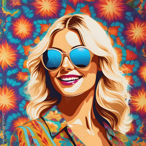 A vibrant and joyful portrait of a fair-haired woman wearing stylish sunglasses, surrounded by a kaleidoscope of psychedelic colors from the groovy 1970s.