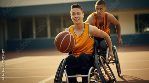 Male wheelchair basketball players in action on an court © MP Studio