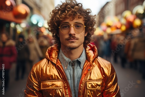 White guy with wave coiffure and glasses standing in the street