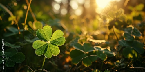 Four-leaved shamrocks in a forest, backlit by the midday sun, Lucky Irish Four Leaf Clover in the Field for St. Patrick's Day holiday symbol. photo