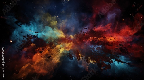 abstract digital artwork captures the intense and vibrant scene of a cosmic collision within an interstellar nebula, resembling a celestial inferno of galactic proportions.