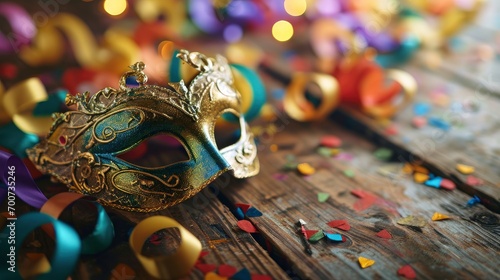Carnival Party. Venetian Mask With Colorful Streamer And Whistle photo