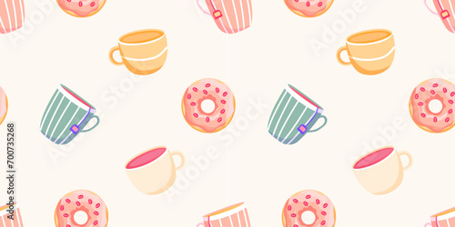 Cute seamless pattern with tea cups and donuts. Vector hand-drawn illustration in doodle style. Perfect for print, menu, wrapping paper, wallpaper, various designs.	
