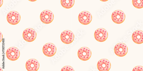 Seamless donuts pattern with pink glaze. Cartoon cute background. Vector illustration for packaging, banner, poster, menu in the bakery. 