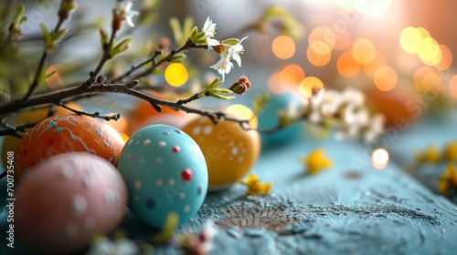 Close up easter eggs on a blue color wooden table against a bokeh background easter celebration