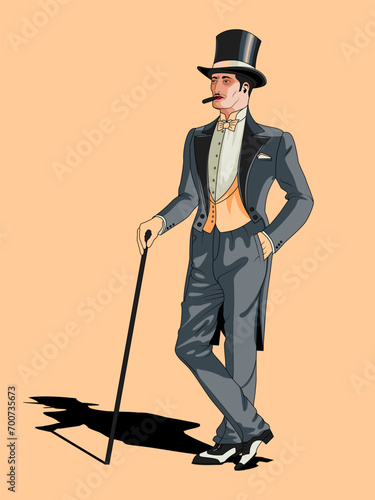 A gentleman in a suit from the early 20th century. Hand drawn vector illustration. Retro style.