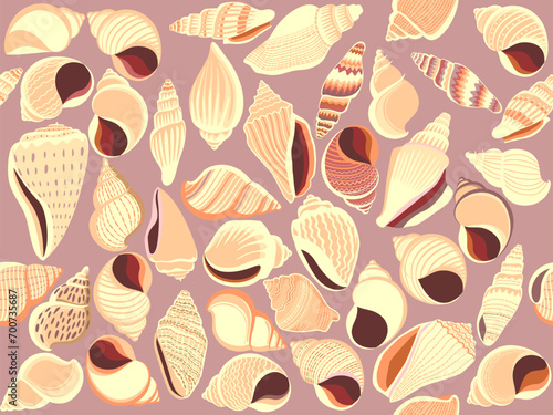 Seamless pattern with colourful seashells and mollusks. Handmade drawing vector background. Template wallpaper for interior designs, beauty, wrapping paper. 