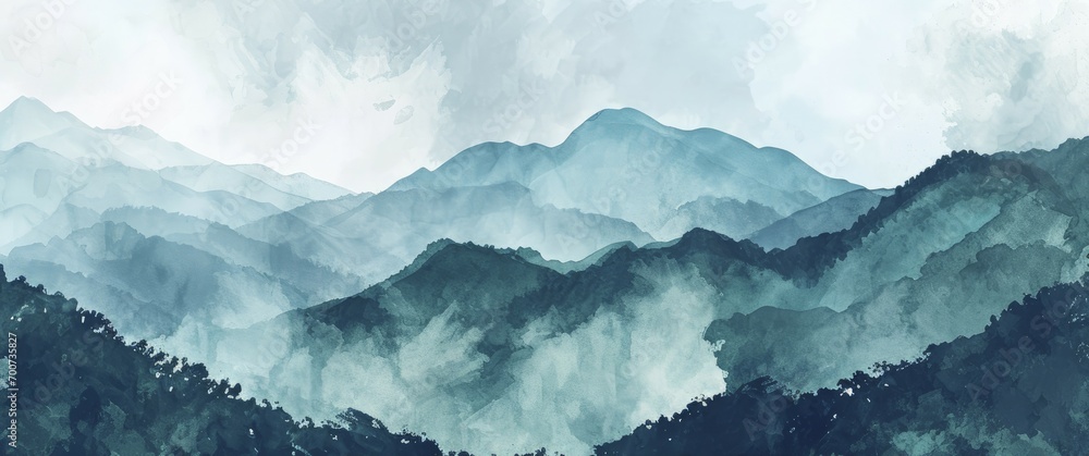 Minimalistic landscape art background with mountains and hills in blue and green colors. Abstract banner in oriental style with watercolor texture for decor, print, wallpaper - obrazy, fototapety, plakaty 