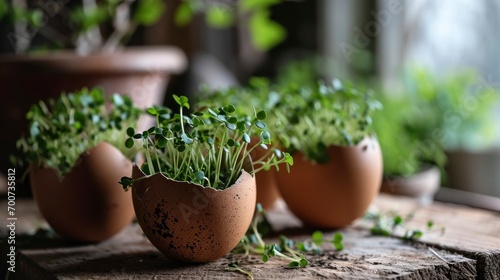 Microgreens in the eggshells, spring and easter concept photo