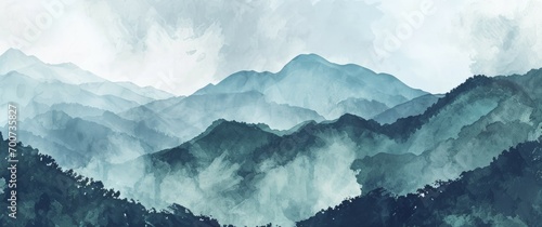Minimalistic landscape art background with mountains and hills in blue and green colors. Abstract banner in oriental style with watercolor texture for decor, print, wallpaper photo