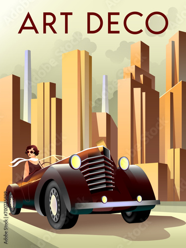 The woman in the car on the road in the Metropolis. Handmade drawing vector illustration. Art deco style poster.