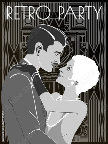 Couple at a party in the style of the early 20th century. Retro party invitation card. Handmade drawing vector illustration. Art Deco style.