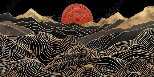 Abstract japanese style landscapes lined waves in black and gold colours photo