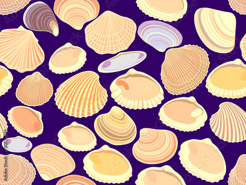 Seamless pattern with colourful seashells and mollusks. Handmade drawing vector background. Template wallpaper for interior designs, beauty, wrapping paper. 