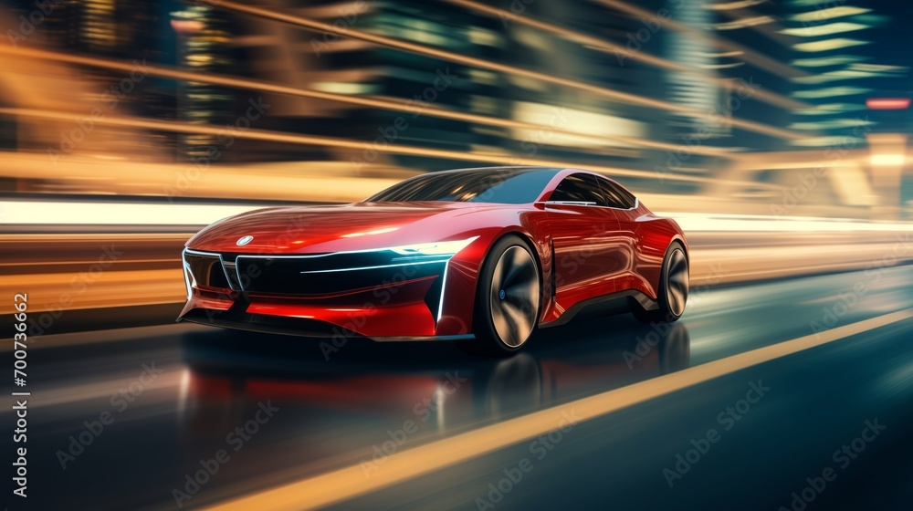 Bright red futuristic car driving in highway in the modern city with cityscapes, with high speed, blurred background