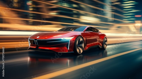Bright red futuristic car driving in highway in the modern city with cityscapes  with high speed  blurred background