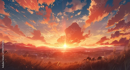 illustration of a sunset view seen from the top of a hill © Sanichiro