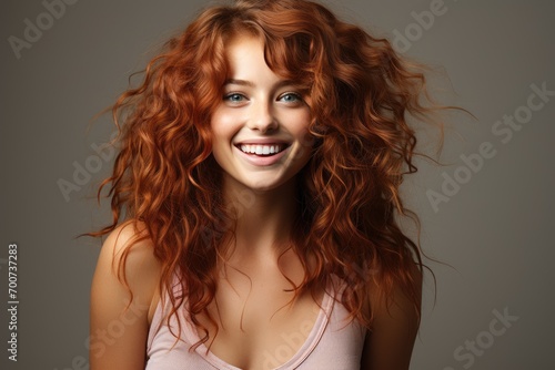 Young woman with red curly hair smiles