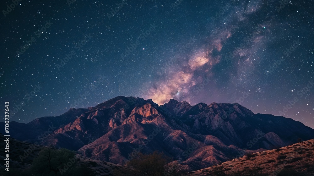 Starry night over rugged mountains, where the cosmos touch the earth in a silent dance of light