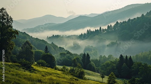Misty morning light gently envelops lush green mountains, creating a serene and tranquil landscape