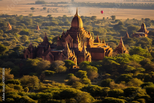 Bagan, Myanmar, hot air balloons over ancient temples - Views from above, mysterious cultural heritage photo