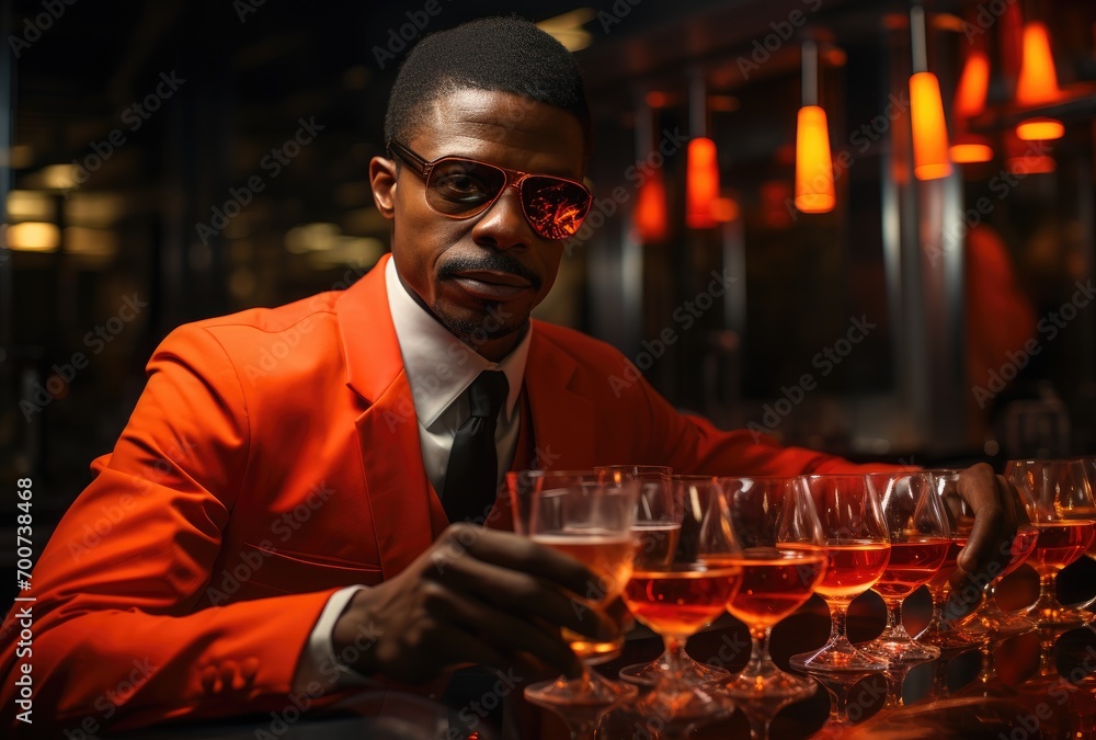 Black man in red suit wearing sunglasses in night bar