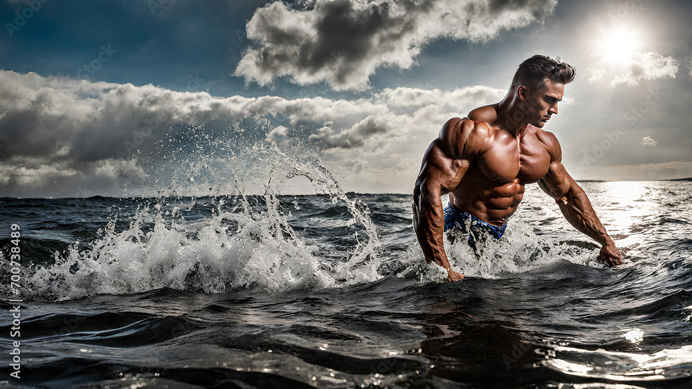 AI Generate Image of a Body Builder Posing between the sea water