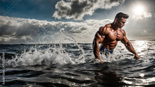 AI Generate Image of a Body Builder Posing between the sea water
